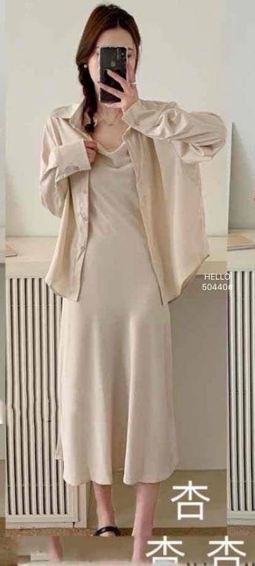 Women Casual Satin Spaghetti Straps Maxi Dress With Shirts